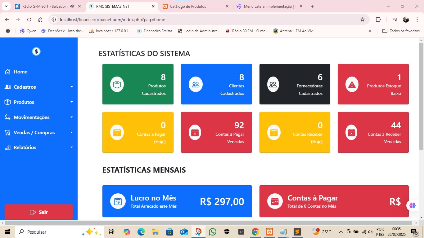 Sistema para assistência financeiro,loja de roupa, mercadinho,deposito cervejaria On-line Mensal 003